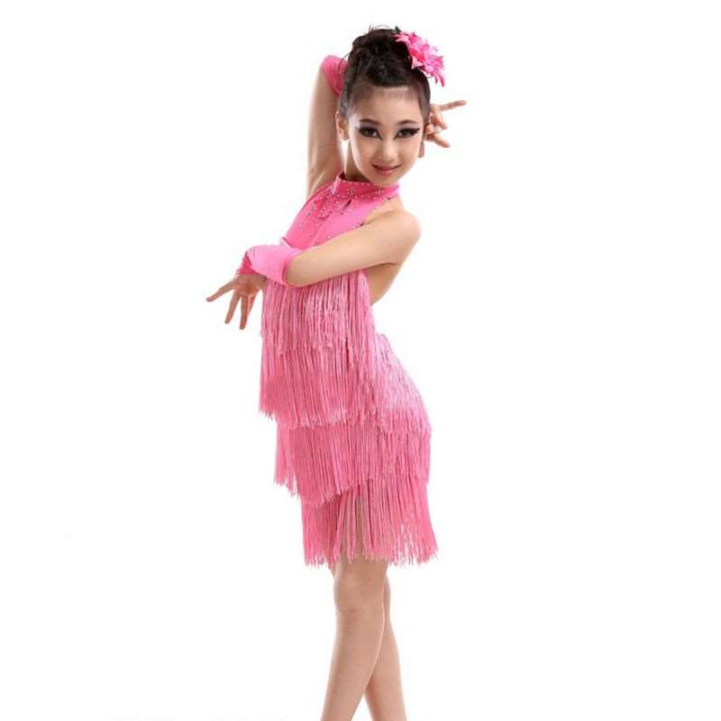 Kinder Mädchen Tanz Outfits Bauchtanz Cha Cha Kleid Latin Salsa Kostüme 160 rosa von Joom DACH