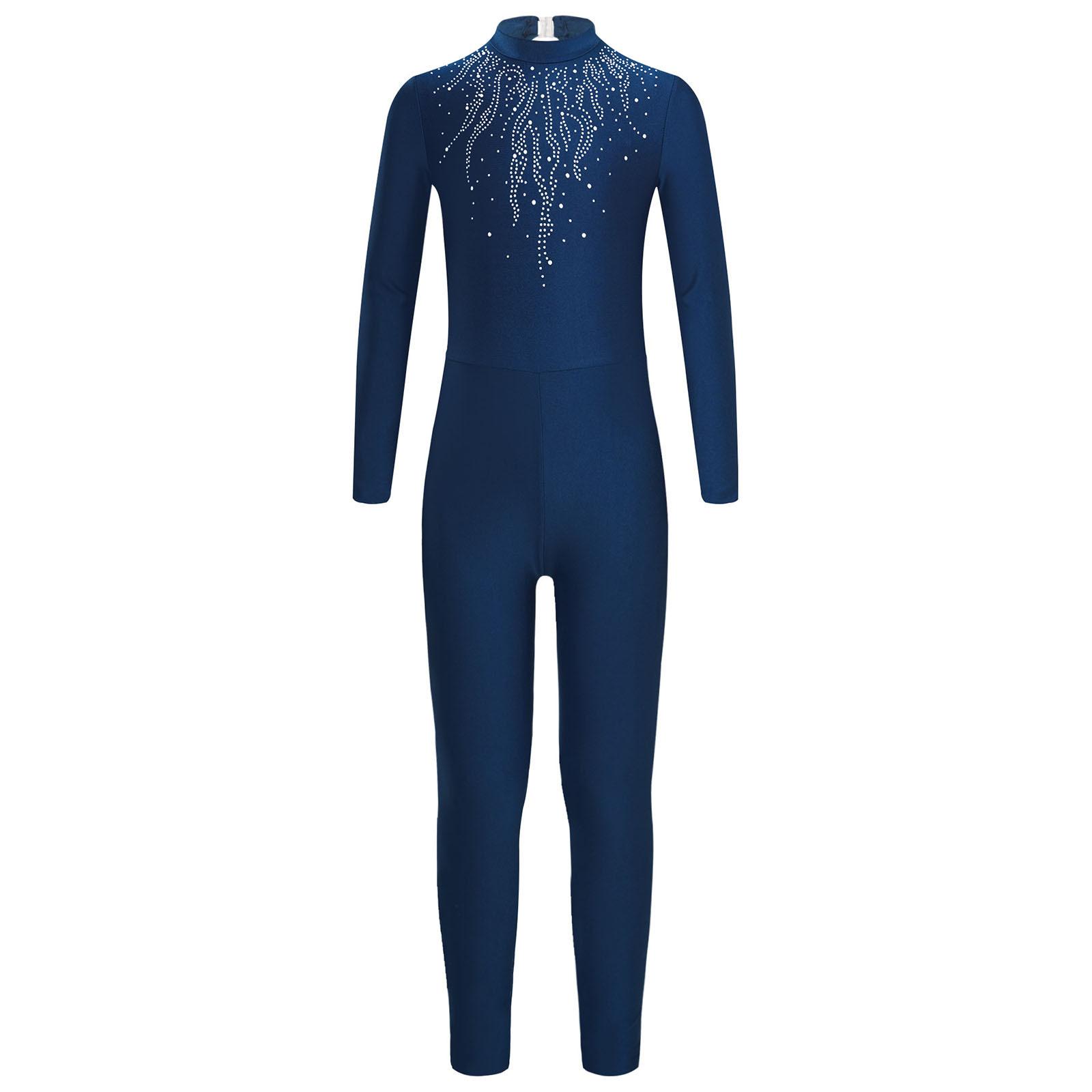 Kinder Mädchen Tanzanzug Glitzernd Strass Langarm Schlüsselloch Rücken Trikot Eiskunstlauf Gymnastikkleidung 5-6 Years navy blau von Joom DACH
