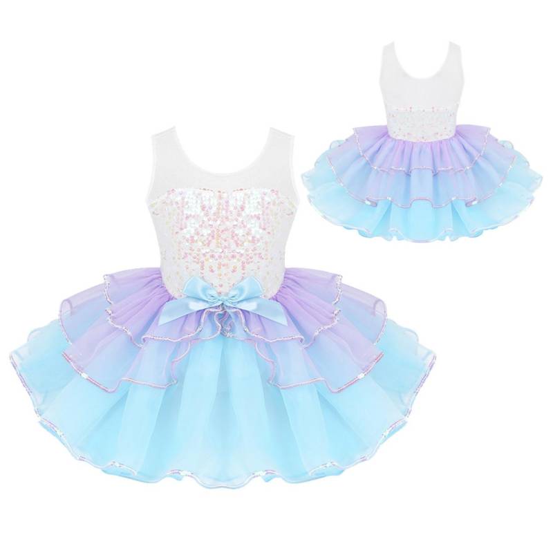 Kinder Mädchen Tanzkleidung Glänzende Pailletten Mesh Splice Schleife an der Taille Ballett Tanz Gymnastik Trikot Tutu Kleid 2-3 Years himmelblaue von Joom DACH