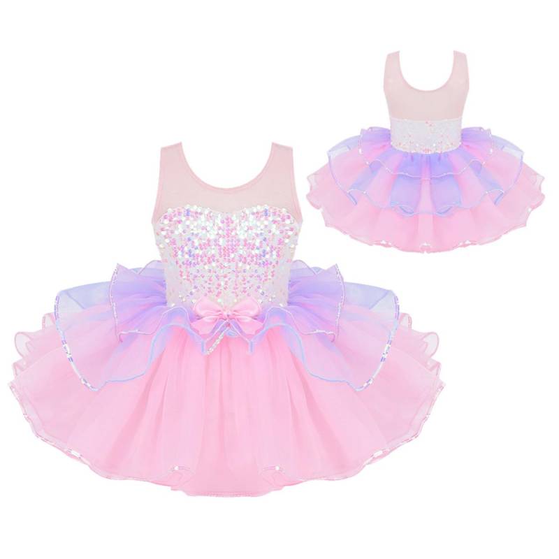 Kinder Mädchen Tanzkleidung Glänzende Pailletten Mesh Splice Schleife an der Taille Ballett Tanz Gymnastik Trikot Tutu Kleid 5-6 Years rosa von Joom DACH