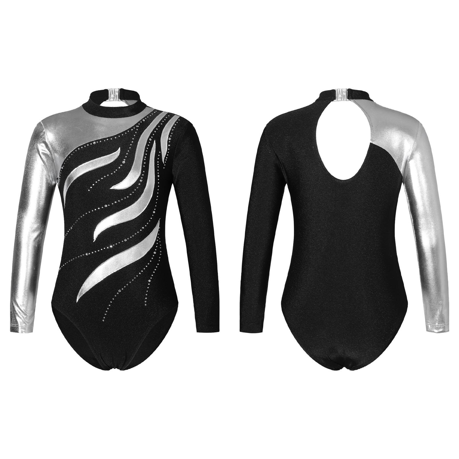 Kinder Mädchen Tanztraining Kostüm Langarm Trikot Overall für Gymnastik Fancy Skating 9-10 Years schwarz von Joom DACH