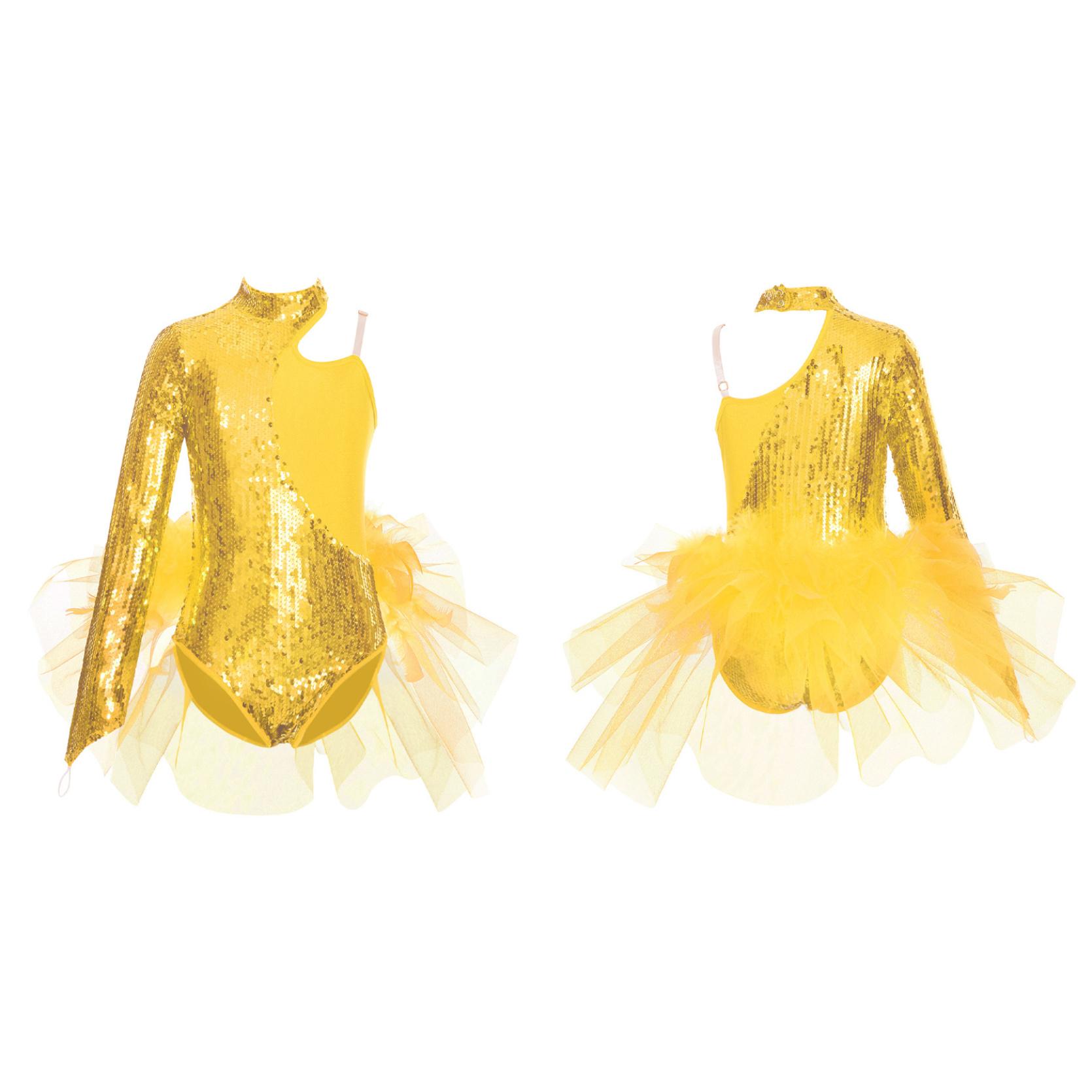 Kinder Mädchen Trikot mit Pailletten, Tüll und Rock, einschulterlangärmlig, Overall, Tanzbody, Tanzbekleidung 5-6 Years von Joom DACH