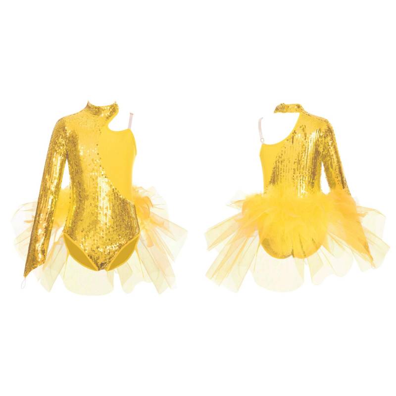 Kinder Mädchen Trikot mit Pailletten, Tüll und Rock, einschulterlangärmlig, Overall, Tanzbody, Tanzbekleidung 5-6 Years von Joom DACH