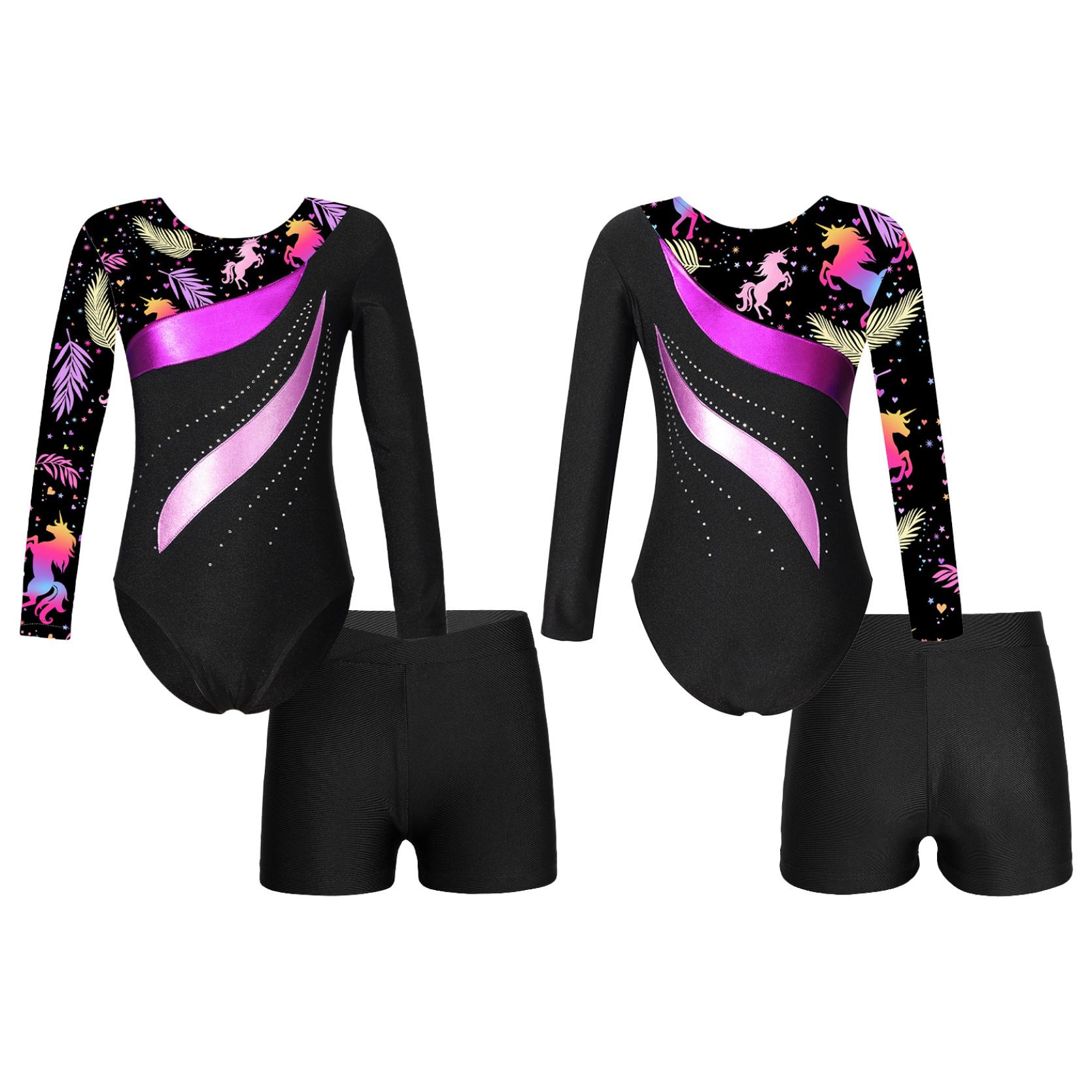 Kinder-Mädchen-Trikot mit langen Ärmeln, Rundhalsausschnitt, glänzendem Strassdekor und Shorts für Tanz- und Gymnastiktraining 5-6 Years schwarz/rosa von Joom DACH