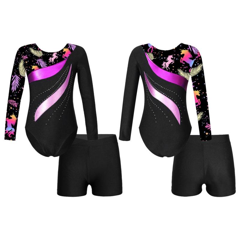 Kinder-Mädchen-Trikot mit langen Ärmeln, Rundhalsausschnitt, glänzendem Strassdekor und Shorts für Tanz- und Gymnastiktraining 5-6 Years schwarz/rosa von Joom DACH