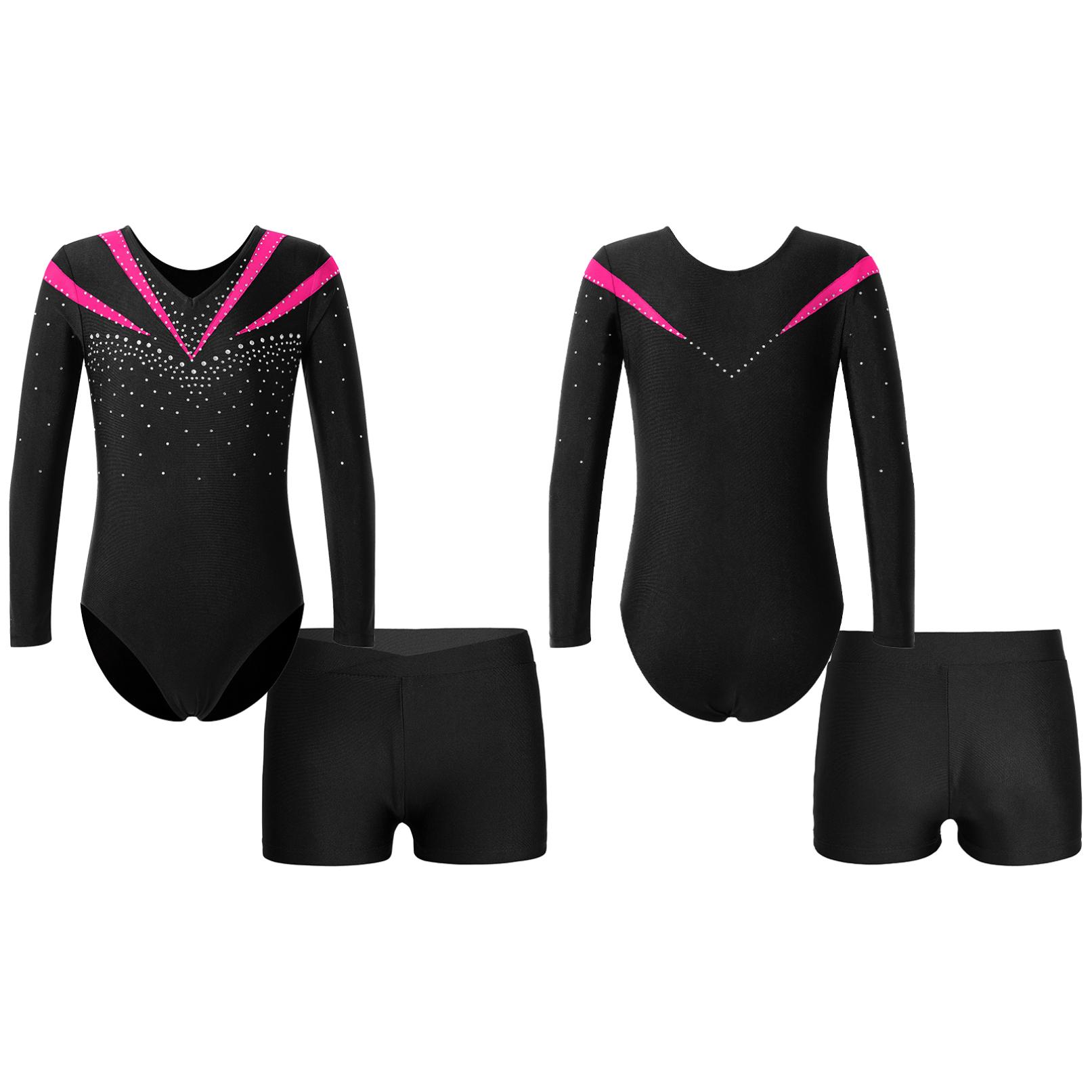 Kinder-Mädchen-Trikot mit langen Ärmeln, glänzendem Strass-Dekor und sportlichen Shorts für Tanz, Sport, Gymnastik 5-6 Years heißes rosa von Joom DACH