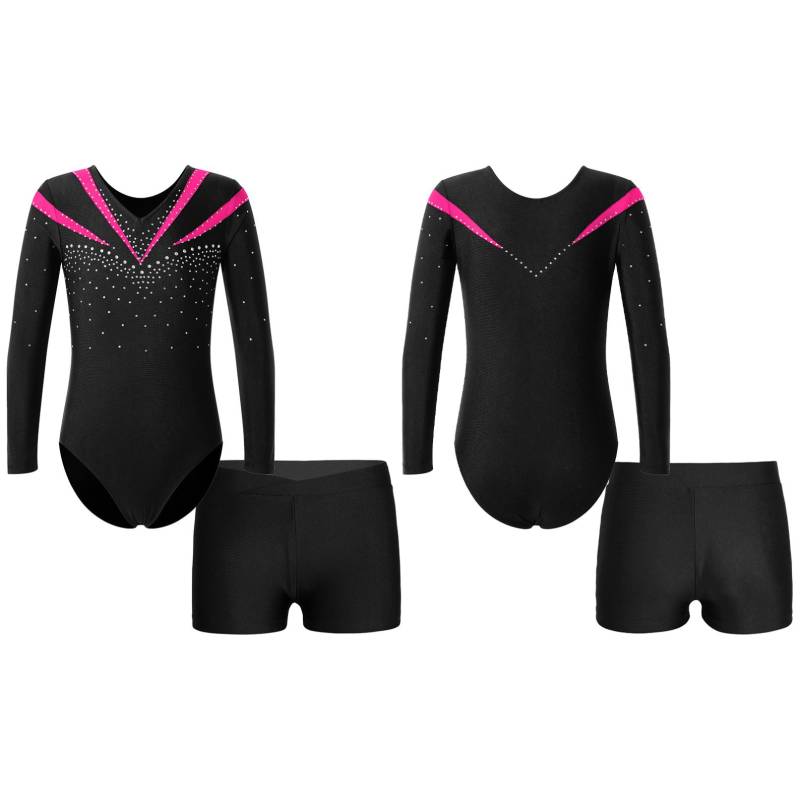 Kinder-Mädchen-Trikot mit langen Ärmeln, glänzendem Strass-Dekor und sportlichen Shorts für Tanz, Sport, Gymnastik 5-6 Years heißes rosa von Joom DACH