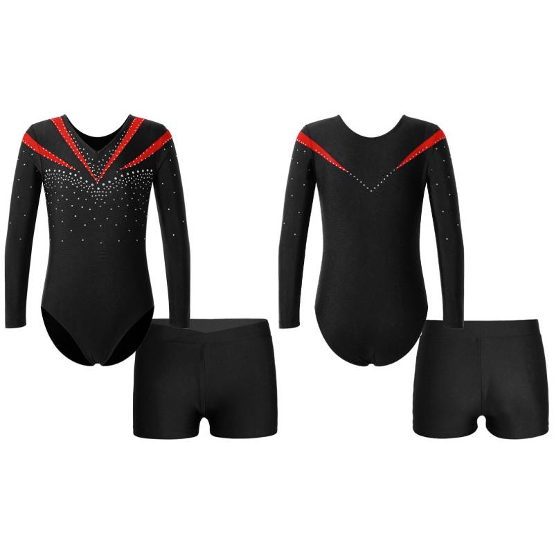 Kinder-Mädchen-Trikot mit langen Ärmeln, glänzendem Strass-Dekor und sportlichen Shorts für Tanz, Sport, Gymnastik 7-8 Years von Joom DACH