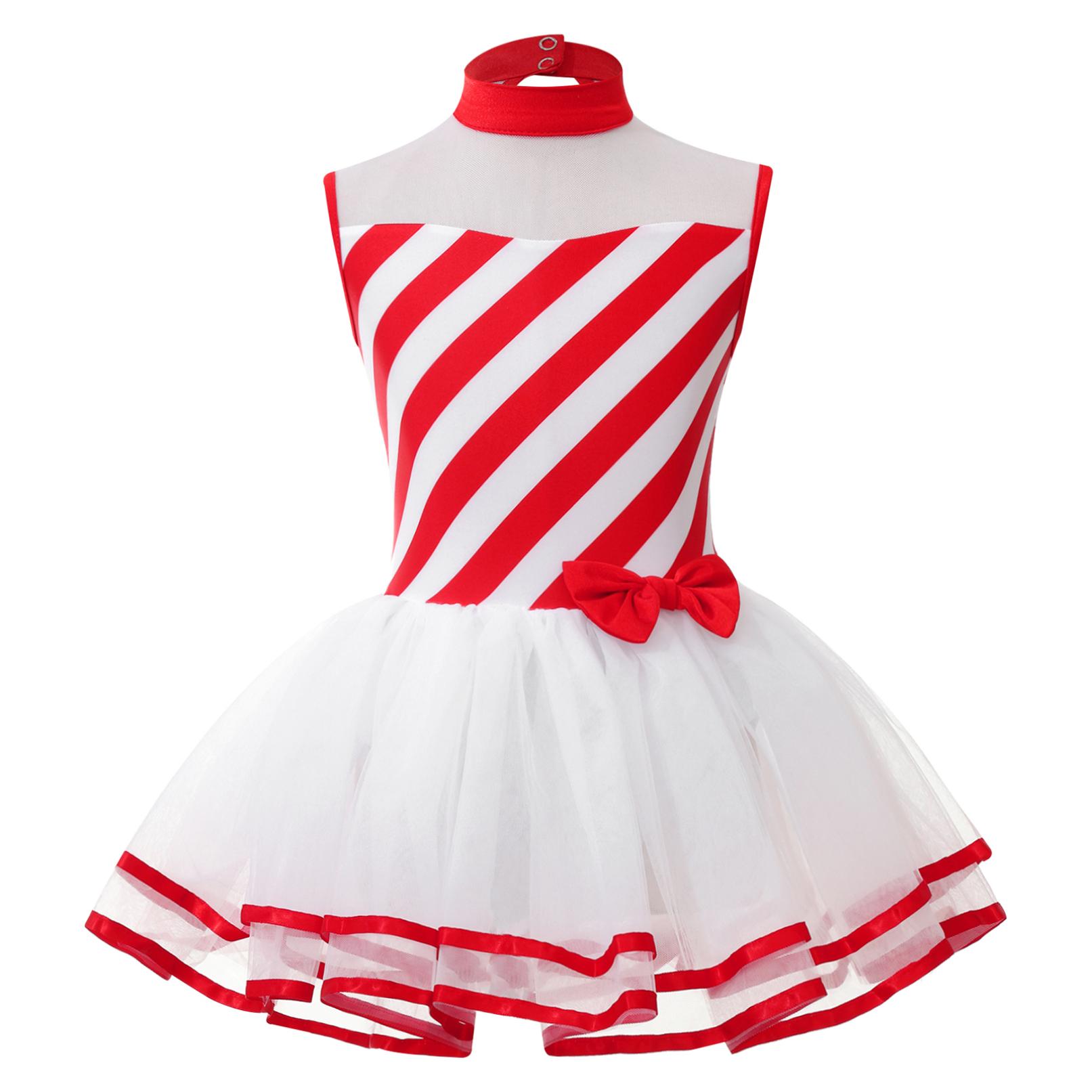 Kinder Mädchen Weihnachten Gestreiften Dress Up Overall Ärmellose Mesh Tutu Rock Ballett Trikot Kleider Cosplay Kostüm 7-8 Years rot von Joom DACH