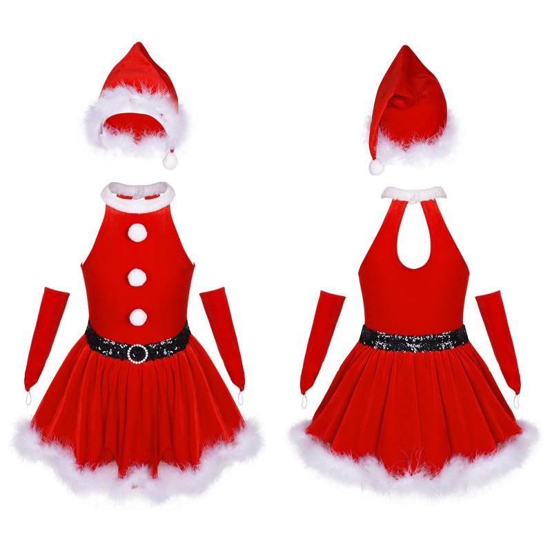 Kinder Mädchen Weihnachten Samt Verkleidungskostüme A-Linien-Kleid Federbesatz Weihnachtsmannmütze und Handschuhe Anzug für Party 15-16 Years rot von Joom DACH