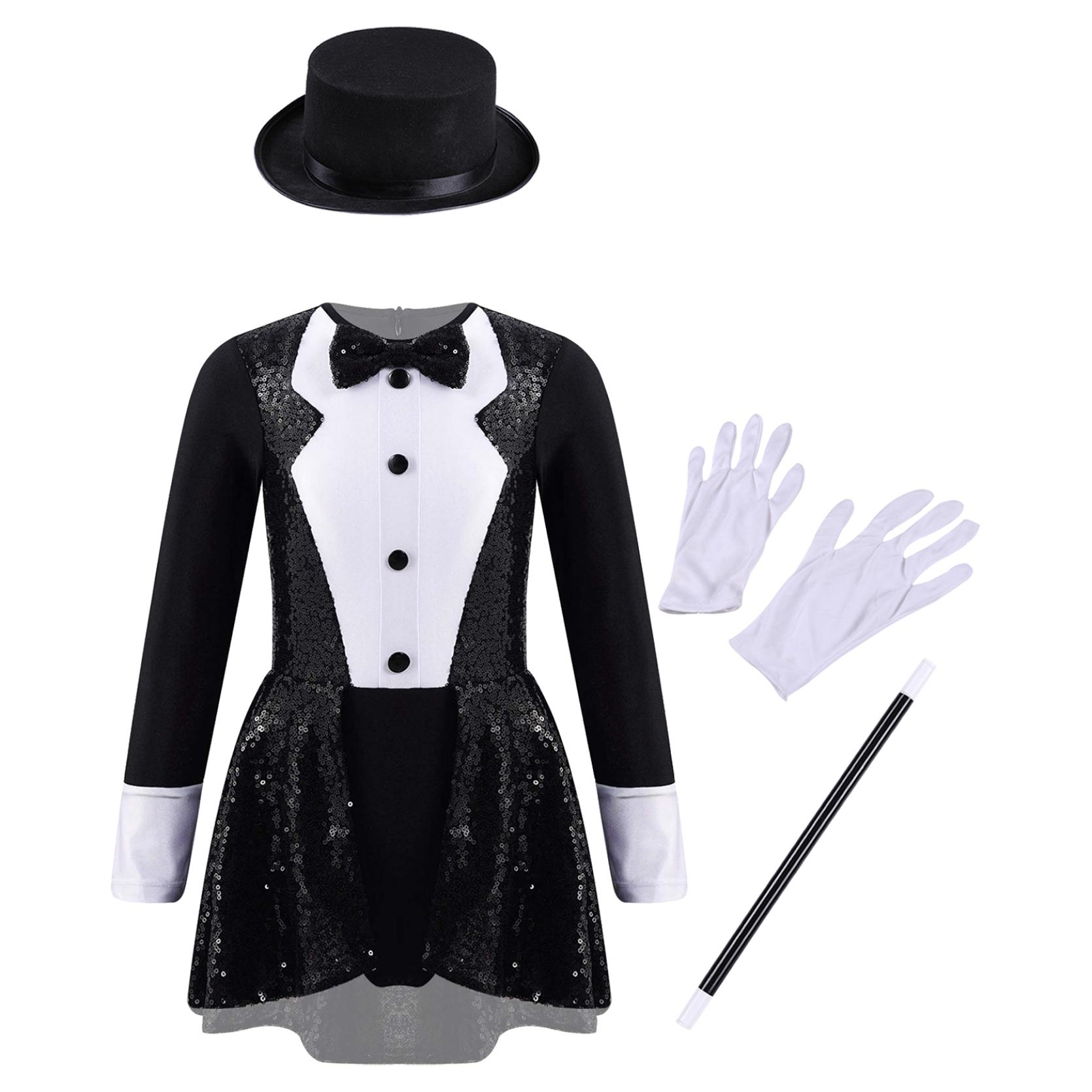 Kinder Mädchen Zauberer Kostüm Set Langarm Fliege Zurück Reißverschluss Pailletten Trikot mit Hut Zauberstab Handschuhe für Halloween Cosplay Dress Up Performance 11-12 Years schwarz von Joom DACH