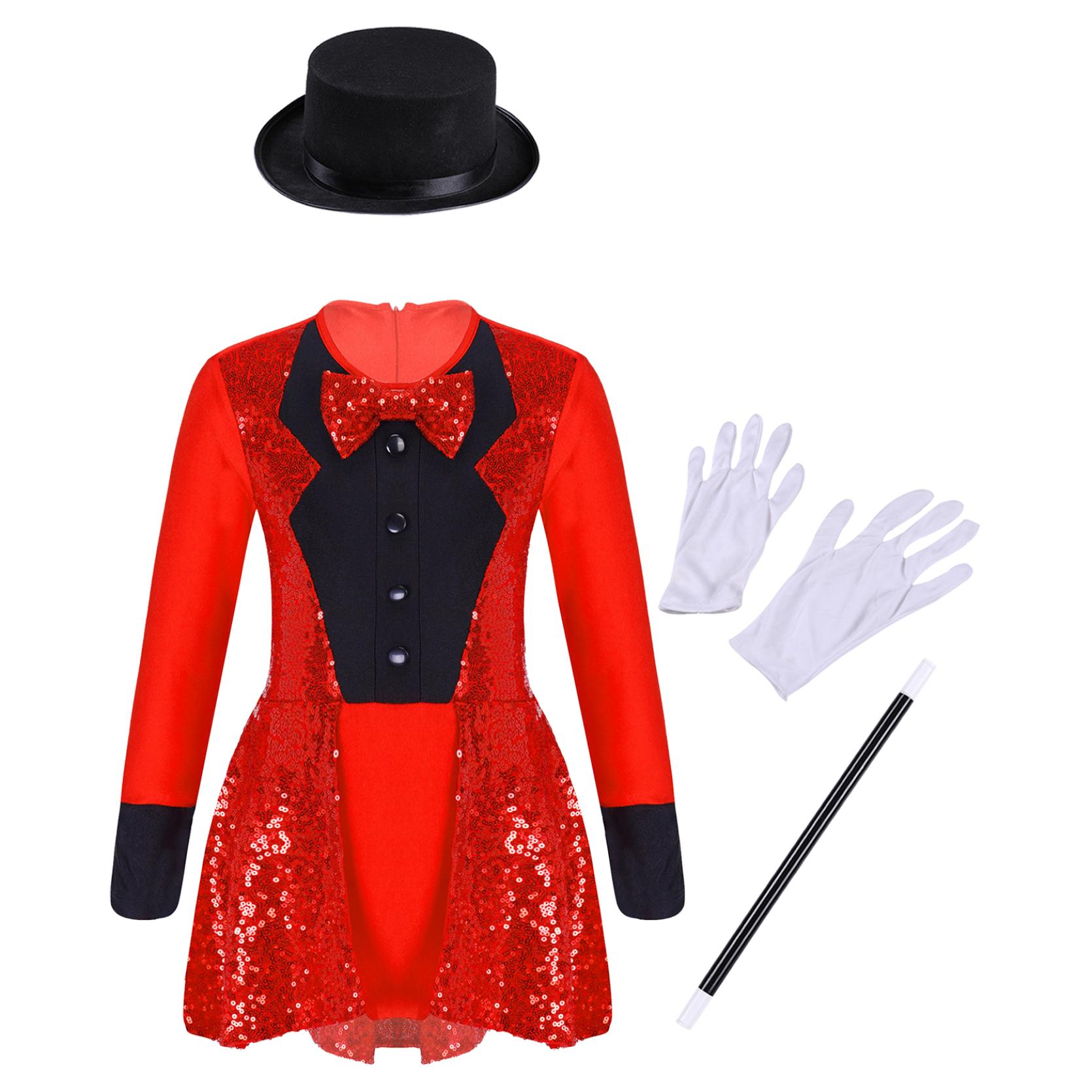 Kinder Mädchen Zauberer Kostüm Set Langarm Fliege Zurück Reißverschluss Pailletten Trikot mit Hut Zauberstab Handschuhe für Halloween Cosplay Dress Up Performance 11-12 Years rot von Joom DACH