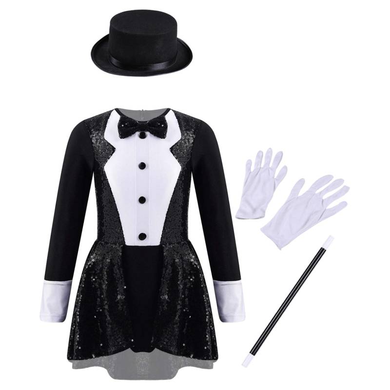 Kinder Mädchen Zauberer Kostüm Set Langarm Fliege Zurück Reißverschluss Pailletten Trikot mit Hut Zauberstab Handschuhe für Halloween Cosplay Dress Up Performance 9-10 Years schwarz von Joom DACH