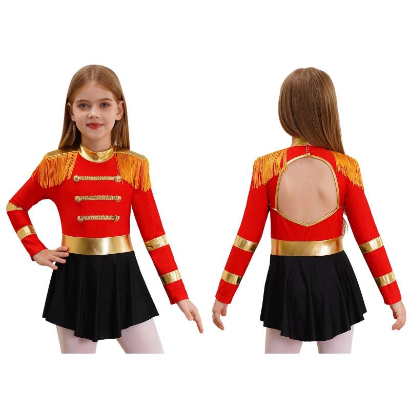 Kinder Mädchen Zirkus Ringmaster Cosplay Kostüm Löwenbändiger Showman Halloween Outfits Fransen Epauletten Overall Performance Bodysuit 13-14 Years rot von Joom DACH