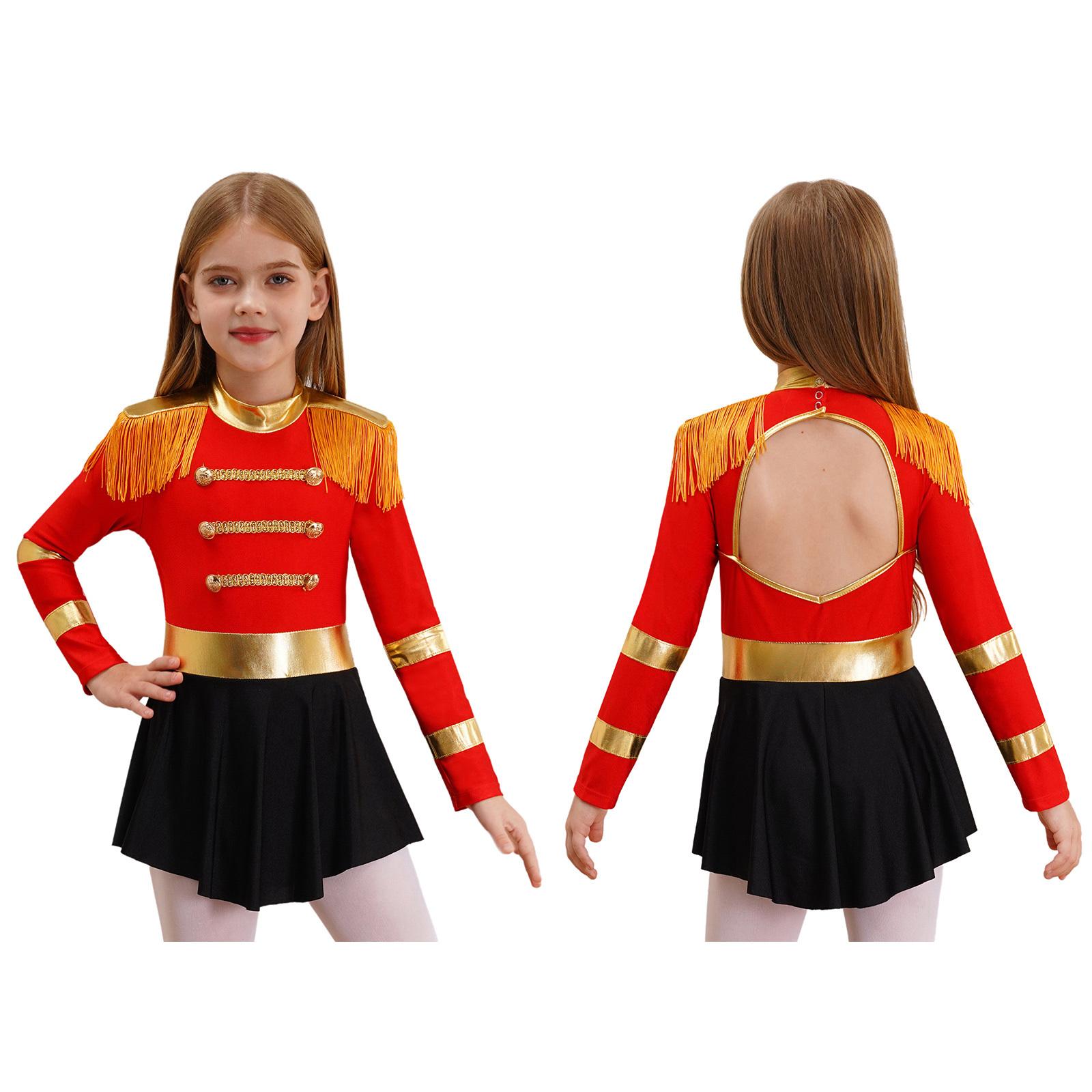Kinder Mädchen Zirkus Ringmaster Cosplay Kostüm Löwenbändiger Showman Halloween Outfits Fransen Epauletten Overall Performance Bodysuit 7-8 Years rot von Joom DACH