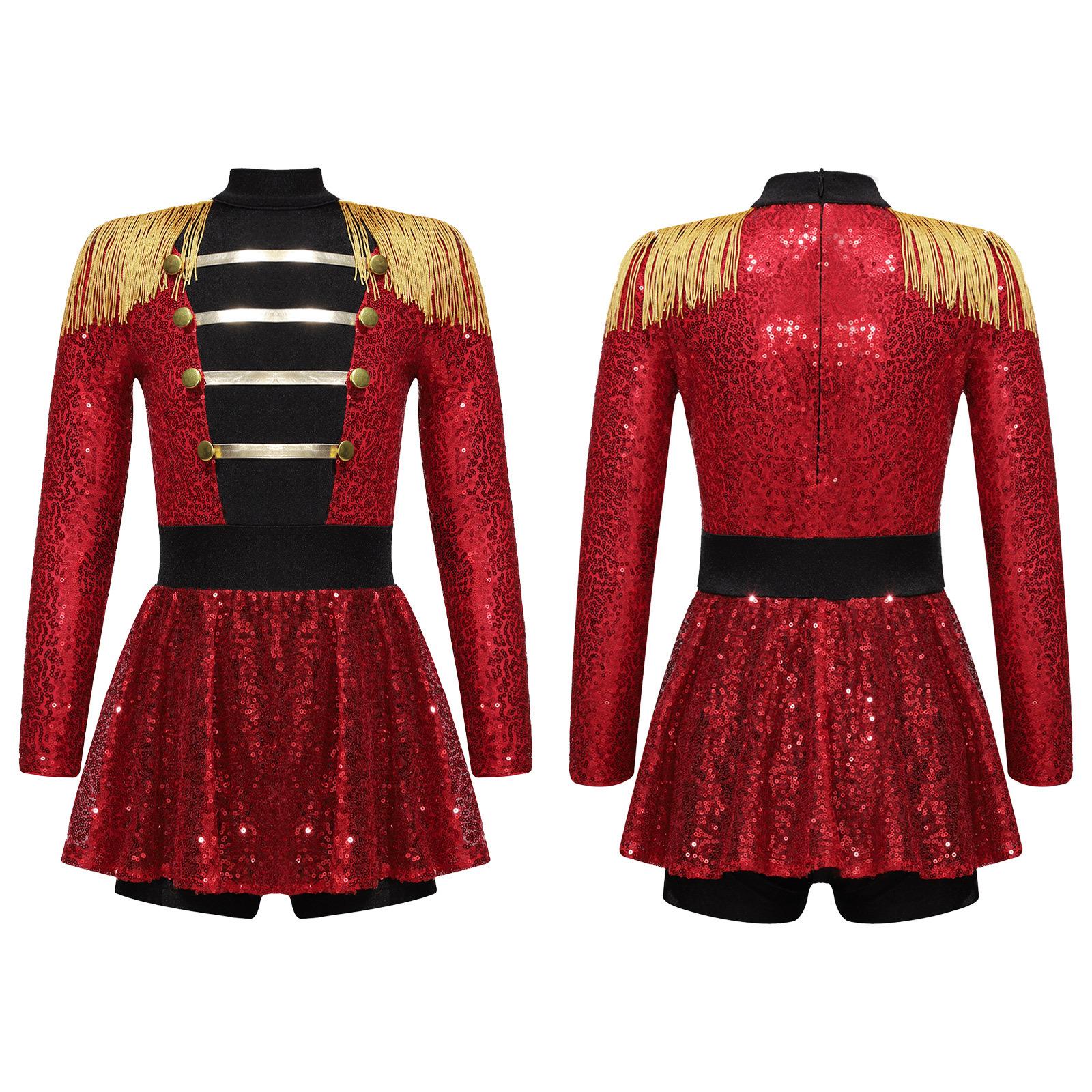 Kinder Mädchen Zirkusdirektorin Kostüm Langarm Quaste Glänzende Pailletten Kleid Jumpsuit Halloween Ausgefallenes Cosplay Outfit 11-12 Years rot von Joom DACH