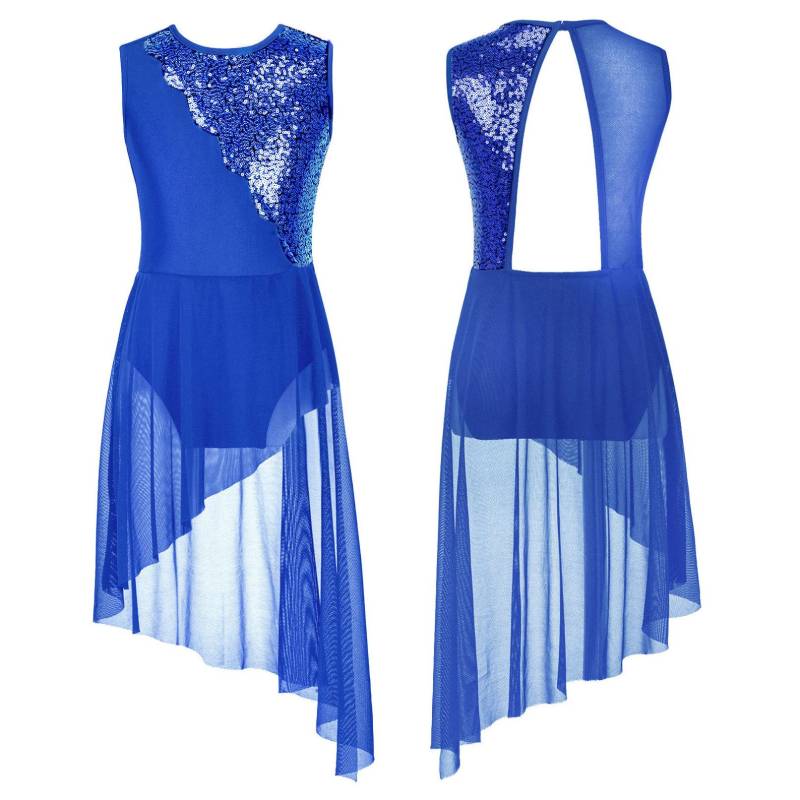 Kinder Mädchen ärmelloses Rundhals-Pailletten-Lyrik-Tanzkleid mit unregelmäßigem Saum und hohlem Rücken, Gymnastik-Ballett-Trikot-Kleid 11-12 Years von Joom DACH