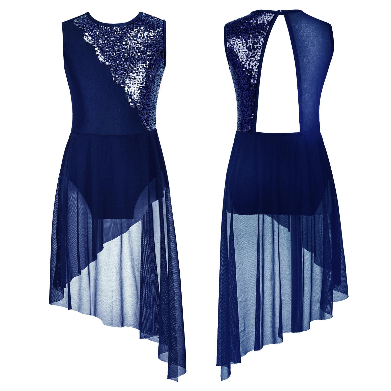 Kinder Mädchen ärmelloses Rundhals-Pailletten-Lyrik-Tanzkleid mit unregelmäßigem Saum und hohlem Rücken, Gymnastik-Ballett-Trikot-Kleid 7-8 Years navy blau von Joom DACH