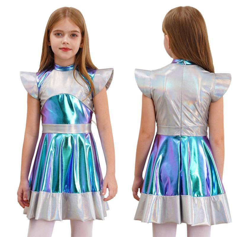 Kinder Mädchen glänzend metallisch Weltraum Cutie Kostüm Halloween Alien Fancy Cosplay Kostüm Flügelärmelchen Kleid Roly Play Kleidung 5-6 Years silber von Joom DACH