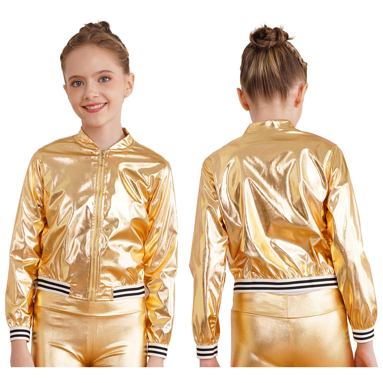 Kinder Mädchen glänzende Langarm-Baseballjacke, glitzernder metallischer Reißverschluss, Bomberjacke, Mantel, Oberbekleidung 5-6 Years gold von Joom DACH