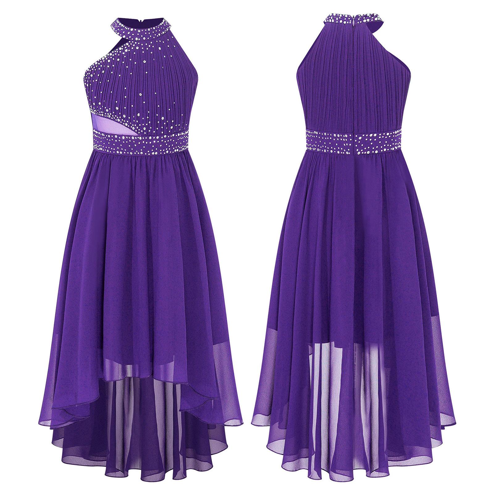 Kinder Mädchen glänzendes Strass-Partykleid, ärmellos, gerüschtes Chiffon-Kleid, hohe Taille, elegantes Abendkleid, formelle Ballkleider 11-12 Years violett von Joom DACH
