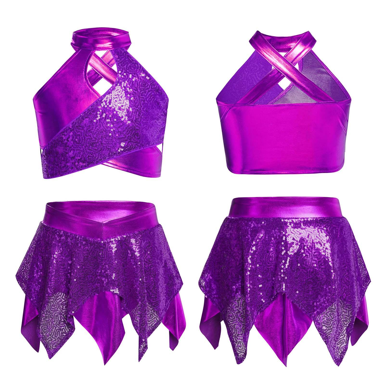 Kinder Performance Crop Top Glitzernd Paillettenbesetzt Metallic Überkreuz Schlüsselloch Rücken Asymmetrischer Rock Jazz Tanz Wettbewerbsset 13-14 Years violett von Joom DACH