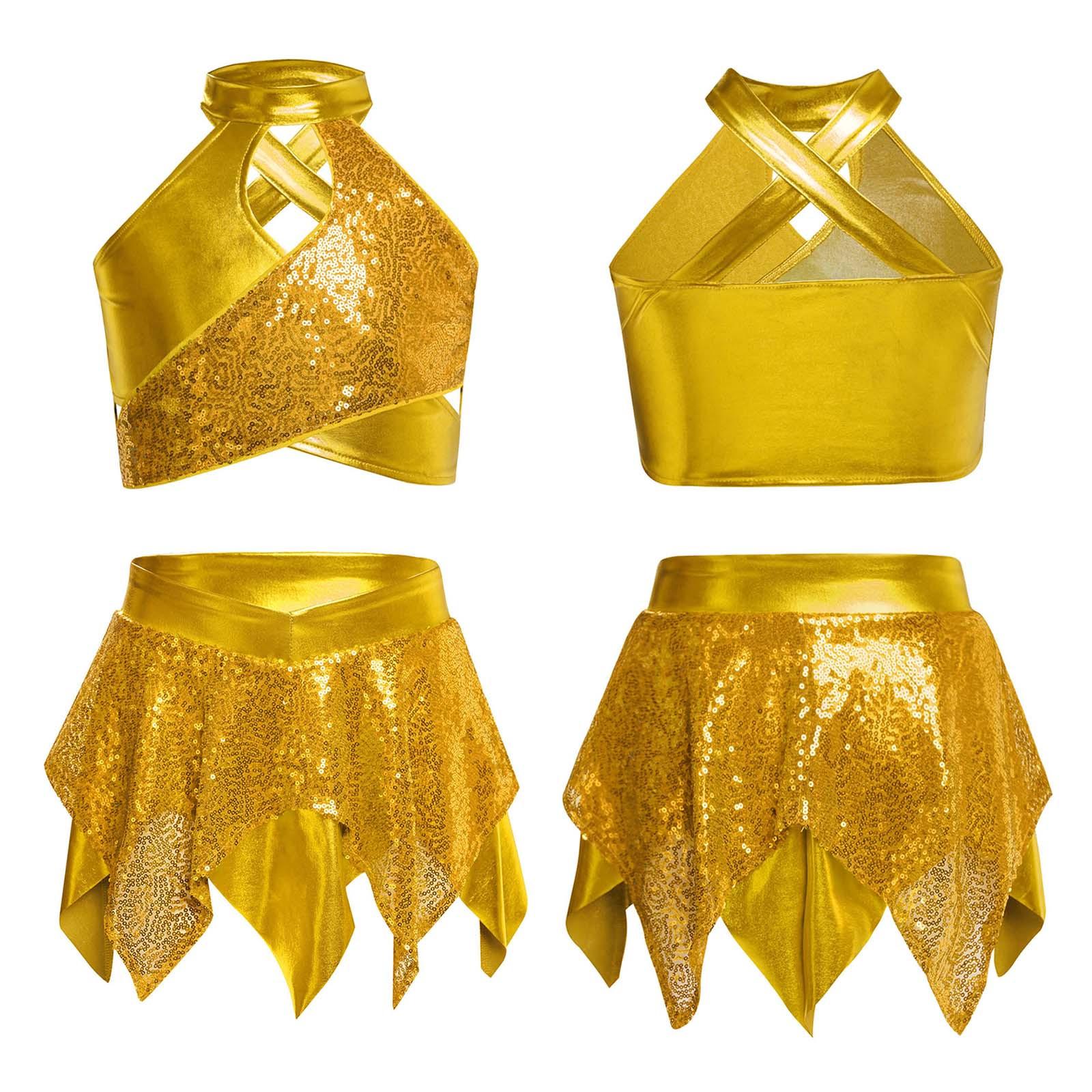 Kinder Performance Crop Top Glitzernd Paillettenbesetzt Metallic Überkreuz Schlüsselloch Rücken Asymmetrischer Rock Jazz Tanz Wettbewerbsset 7-8 Years von Joom DACH