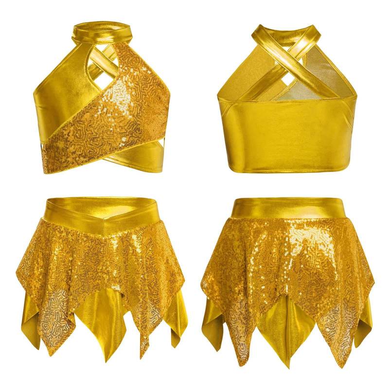 Kinder Performance Crop Top Glitzernd Paillettenbesetzt Metallic Überkreuz Schlüsselloch Rücken Asymmetrischer Rock Jazz Tanz Wettbewerbsset 7-8 Years von Joom DACH