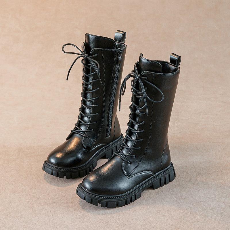 Kinder Stiefel Mädchen Sommer Neue Hohe Stiefel Koreanische Version des Britischen Stil Martin Stiefel Prinzessin Leder Stiefel Kleines Mädchen 33 schwarz von Joom DACH
