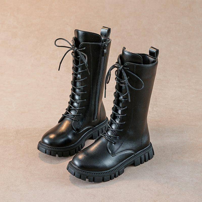 Kinder Stiefel Mädchen Sommer Neue Hohe Stiefel Koreanische Version des Britischen Stil Martin Stiefel Prinzessin Leder Stiefel Kleines Mädchen 33 schwarz von Joom DACH