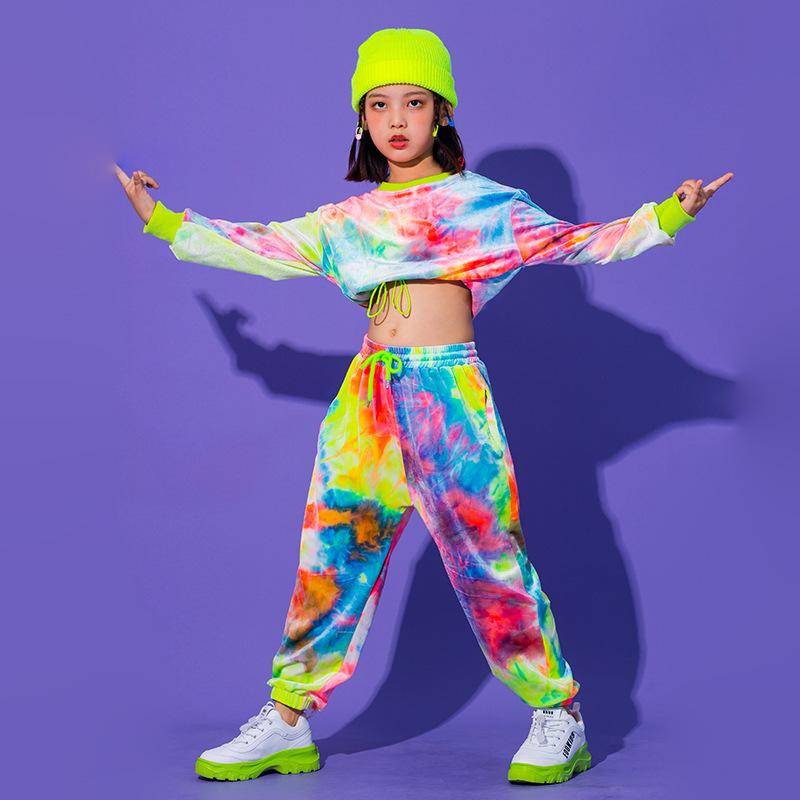 Kinder Streetwear Sport Outfit Mädchen Hip Hop Zweiteilige Anzüge Farbe Graffiti Sweatshirt + Jogginghose Teenager Jazz Street Dance Kostüm Große Größe 140 von Joom DACH