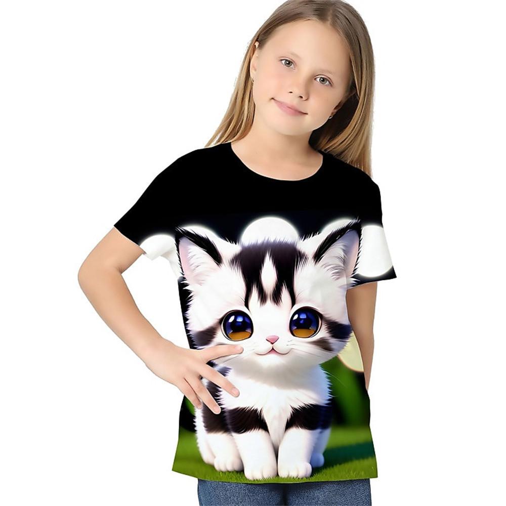 Kinder-T-Shirt für Mädchen mit Farbverlauf und Pailletten, Kawaii-Katze, kurzärmelig, Rundhalsausschnitt, Pyjama für Kinder, Kleidung für Mädchen von 2 bis 7 Jahren 110 von Joom DACH