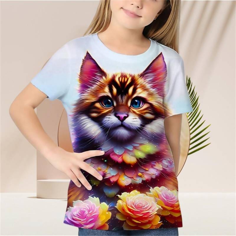 Kinder-T-Shirt für Mädchen mit Farbverlauf und Pailletten, Kawaii-Katze, kurzärmelig, Rundhalsausschnitt, Pyjama für Kinder, Kleidung für Mädchen von 2 bis 7 Jahren 110 von Joom DACH