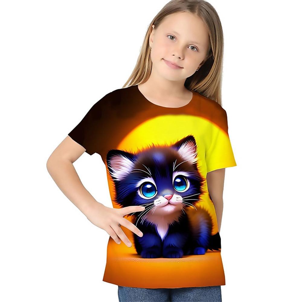 Kinder-T-Shirt für Mädchen mit Farbverlauf und Pailletten, Kawaii-Katze, kurzärmelig, Rundhalsausschnitt, Pyjama für Kinder, Kleidung für Mädchen von 2 bis 7 Jahren 110 von Joom DACH