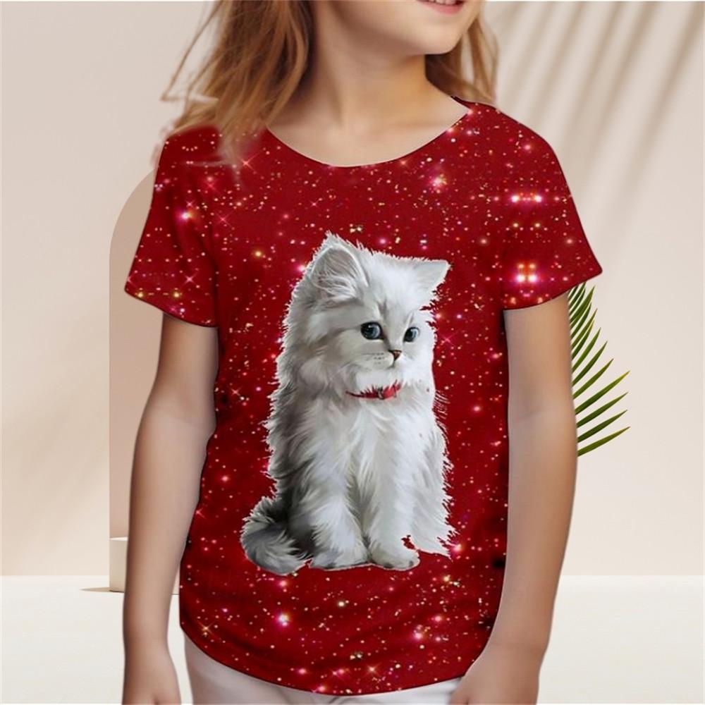Kinder-T-Shirt für Mädchen mit Farbverlauf und Pailletten, Kawaii-Katze, kurzärmelig, Rundhalsausschnitt, Pyjama für Kinder, Kleidung für Mädchen von 2 bis 7 Jahren 130 von Joom DACH