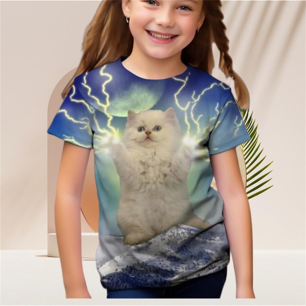 Kinder-T-Shirt für Mädchen mit Farbverlauf und Pailletten, Kawaii-Katze, kurzärmelig, Rundhalsausschnitt, Pyjama für Kinder, Kleidung für Mädchen von 2 bis 7 Jahren 130 von Joom DACH