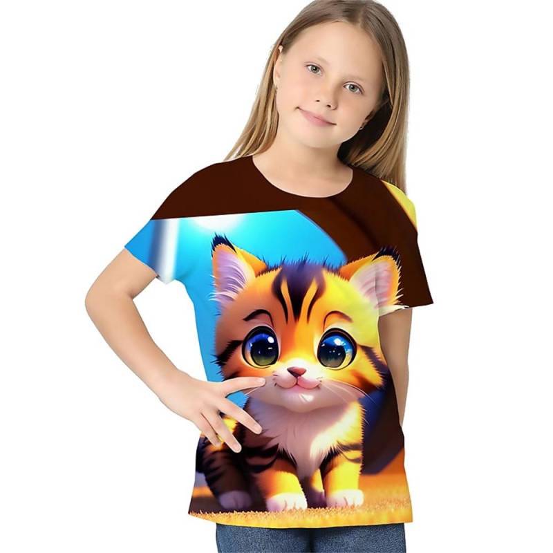 Kinder-T-Shirt für Mädchen mit Farbverlauf und Pailletten, Kawaii-Katze, kurzärmelig, Rundhalsausschnitt, Pyjama für Kinder, Kleidung für Mädchen von 2 bis 7 Jahren 130 von Joom DACH