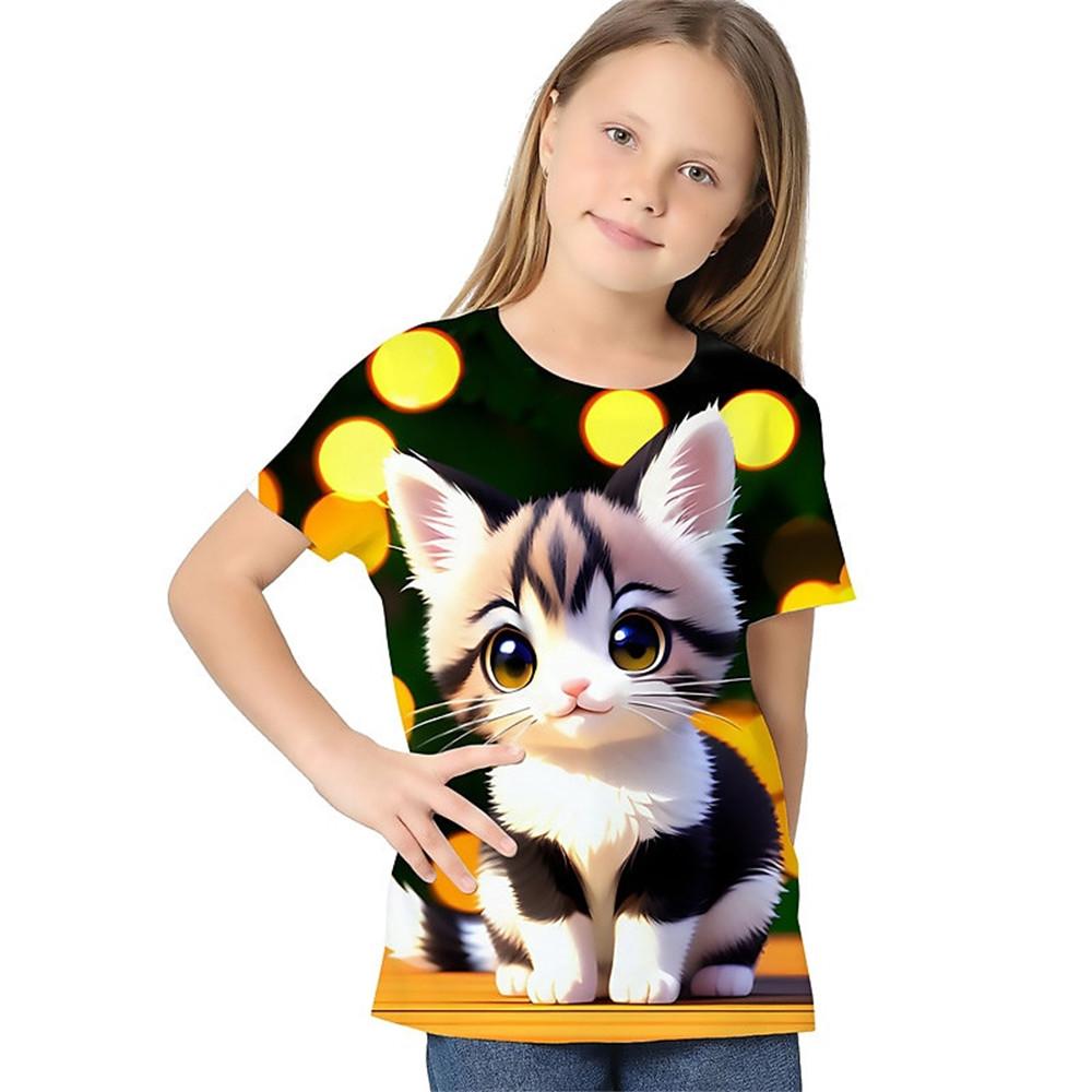 Kinder-T-Shirt für Mädchen mit Farbverlauf und Pailletten, Kawaii-Katze, kurzärmelig, Rundhalsausschnitt, Pyjama für Kinder, Kleidung für Mädchen von 2 bis 7 Jahren 130 von Joom DACH