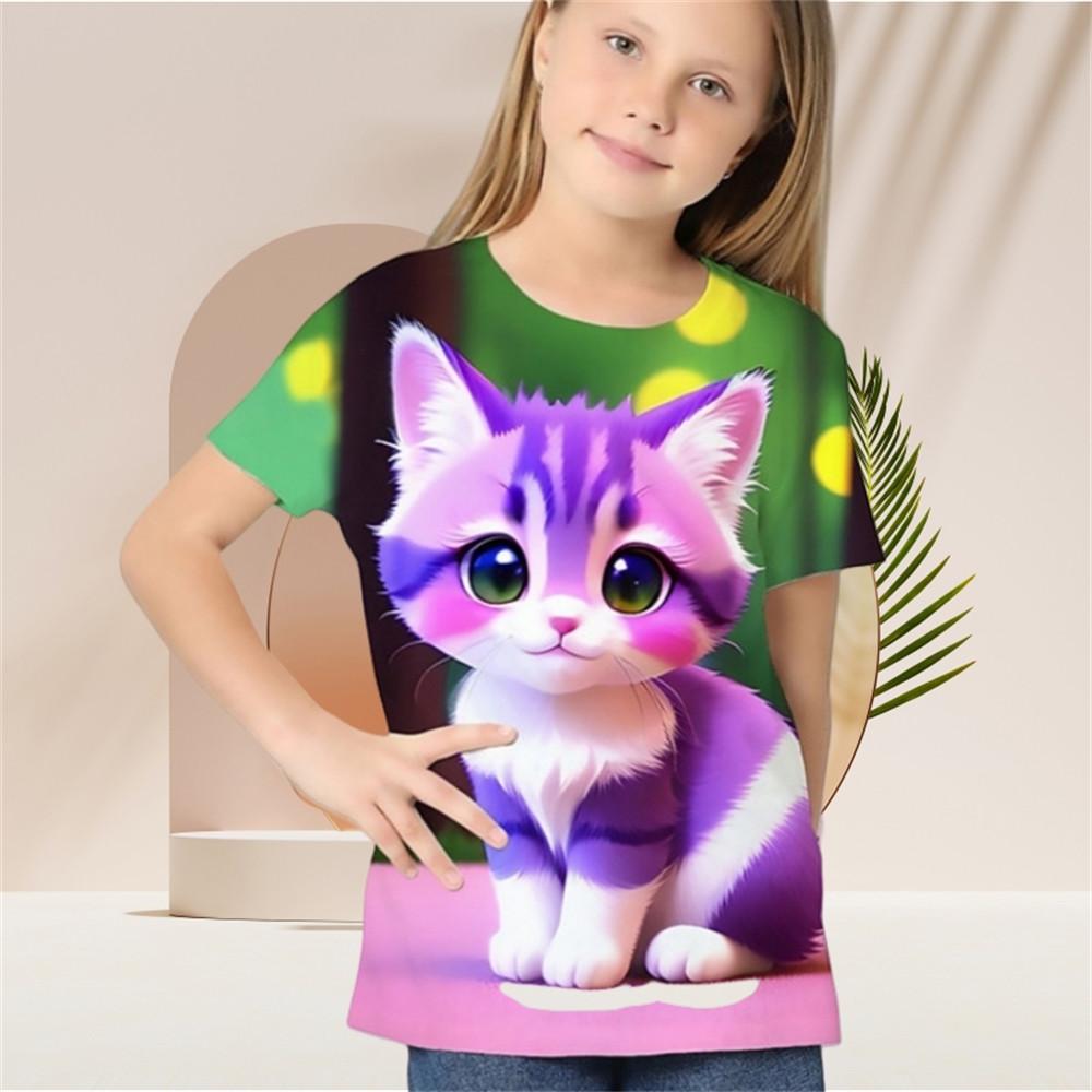Kinder-T-Shirt für Mädchen mit Farbverlauf und Pailletten, Kawaii-Katze, kurzärmelig, Rundhalsausschnitt, Pyjama für Kinder, Kleidung für Mädchen von 2 bis 7 Jahren 130 von Joom DACH