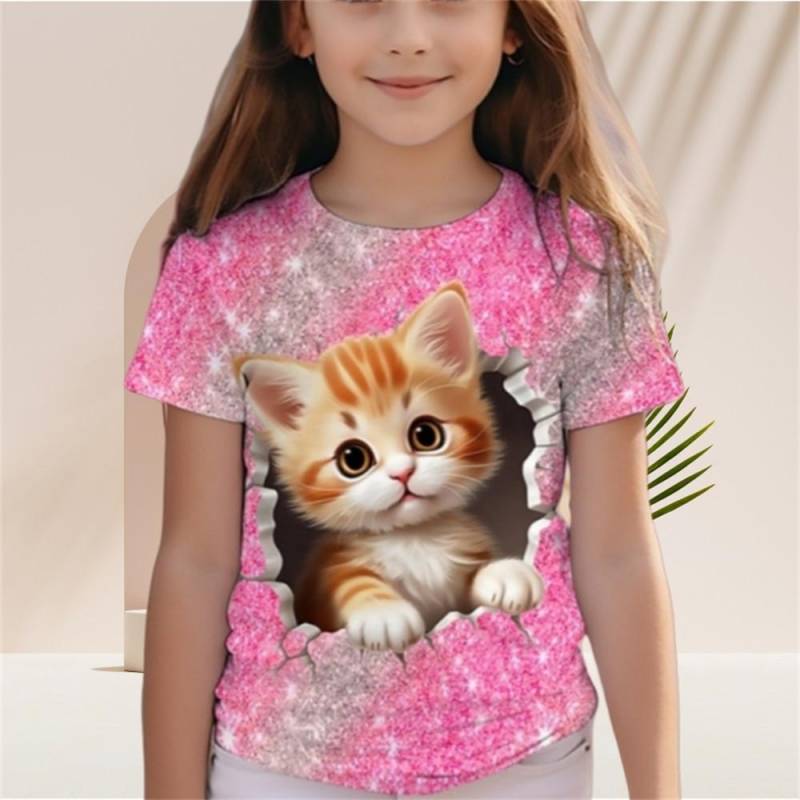 Kinder-T-Shirt für Mädchen mit Farbverlauf und Pailletten, Kawaii-Katze, kurzärmelig, Rundhalsausschnitt, Pyjama für Kinder, Kleidung für Mädchen von 2 bis 7 Jahren 130 von Joom DACH