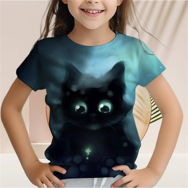 Kinder-T-Shirt für Mädchen mit Farbverlauf und Pailletten, Kawaii-Katze, kurzärmelig, Rundhalsausschnitt, Pyjama für Kinder, Kleidung für Mädchen von 2 bis 7 Jahren 140 von Joom DACH