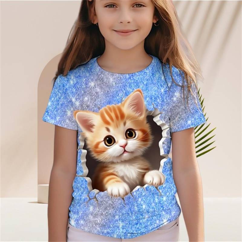 Kinder-T-Shirt für Mädchen mit Farbverlauf und Pailletten, Kawaii-Katze, kurzärmelig, Rundhalsausschnitt, Pyjama für Kinder, Kleidung für Mädchen von 2 bis 7 Jahren 140 von Joom DACH