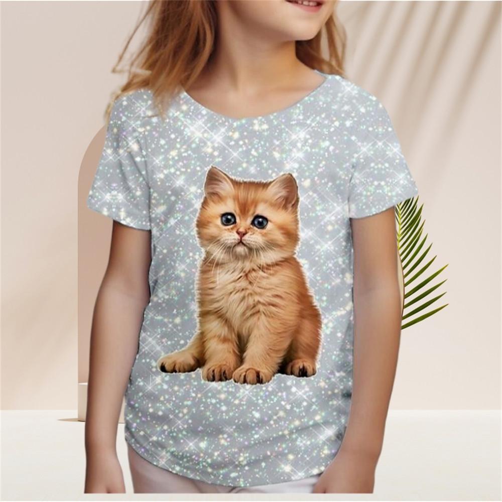 Kinder-T-Shirt für Mädchen mit Farbverlauf und Pailletten, Kawaii-Katze, kurzärmelig, Rundhalsausschnitt, Pyjama für Kinder, Kleidung für Mädchen von 2 bis 7 Jahren 140 von Joom DACH