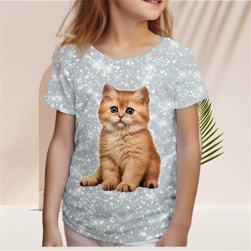 Kinder-T-Shirt für Mädchen mit Farbverlauf und Pailletten, Kawaii-Katze, kurzärmelig, Rundhalsausschnitt, Pyjama für Kinder, Kleidung für Mädchen von 2 bis 7 Jahren 140 von Joom DACH