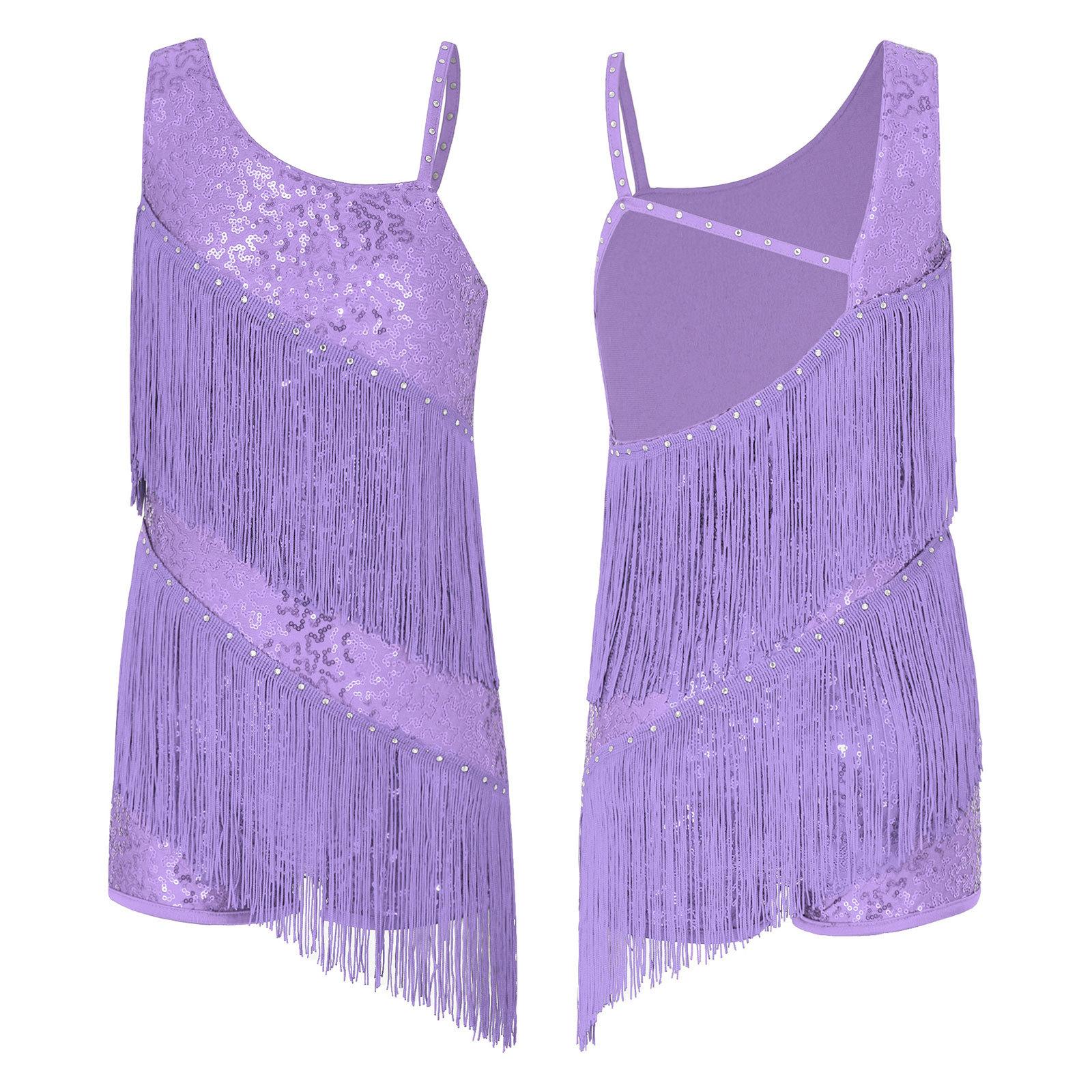 Kinder Tanzen Wettbewerb Party Tragen Mädchen Pailletten Ballsaal Kostüme Quaste Latin Jazz Dance Performance Kleid 11-12 Years lavendel von Joom DACH