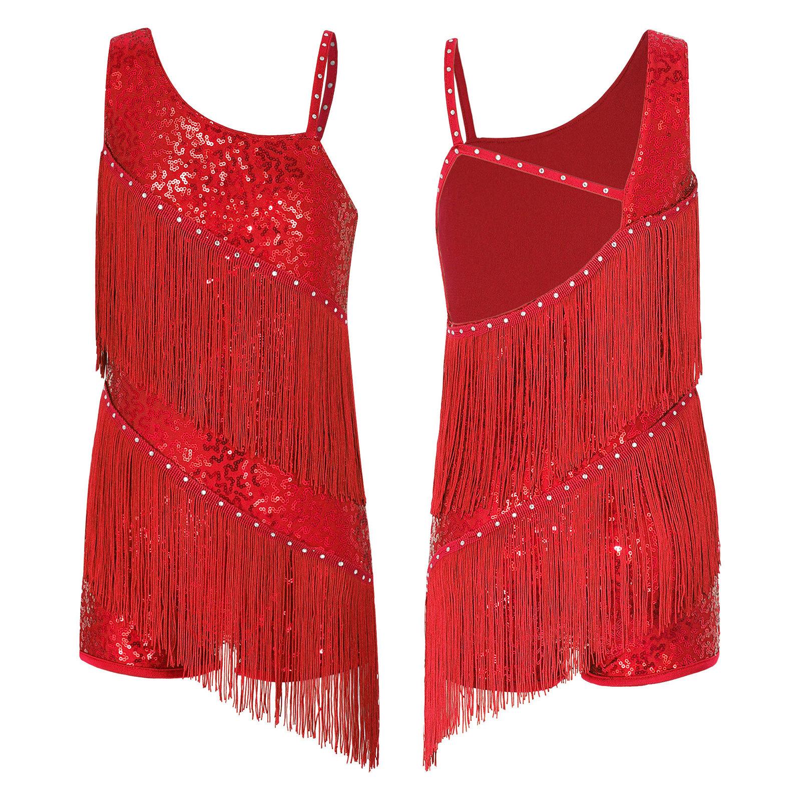Kinder Tanzen Wettbewerb Party Tragen Mädchen Pailletten Ballsaal Kostüme Quaste Latin Jazz Dance Performance Kleid 7-8 Years rot von Joom DACH