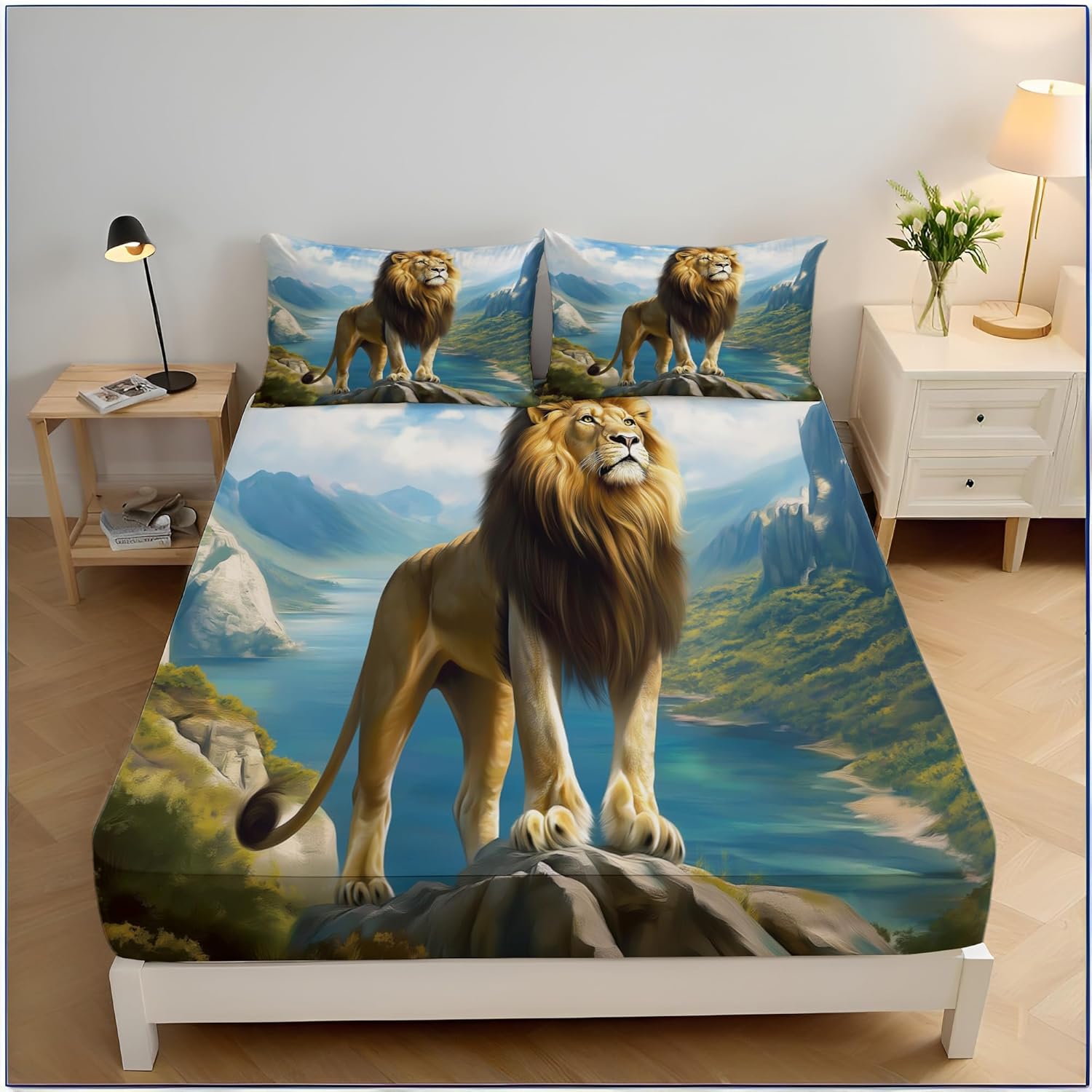 Kinder Tier Bettwäsche Set Cartoon Löwe Gedruckt Bettlaken Set Kind Jungen Mädchen Safari Zoo Muster Spannbettlaken Schlafzimmer Kollektion 90x200cm von Joom DACH