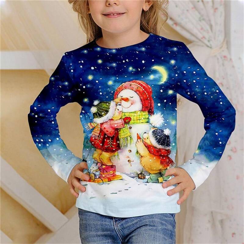 Kinder Weihnachten Schneemann 3D Digitaldruck Mädchen Modetrend Rundhals Langarm T-Shirt 130 navy blau von Joom DACH