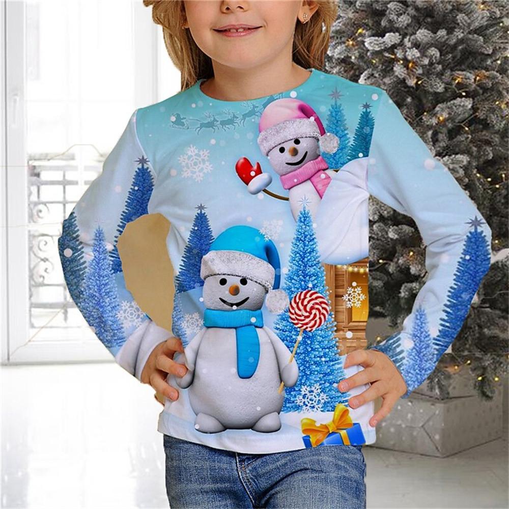 Kinder Weihnachten Schneemann 3D Digitaldruck Mädchen Modetrend Rundhals Langarm T-Shirt 140 von Joom DACH