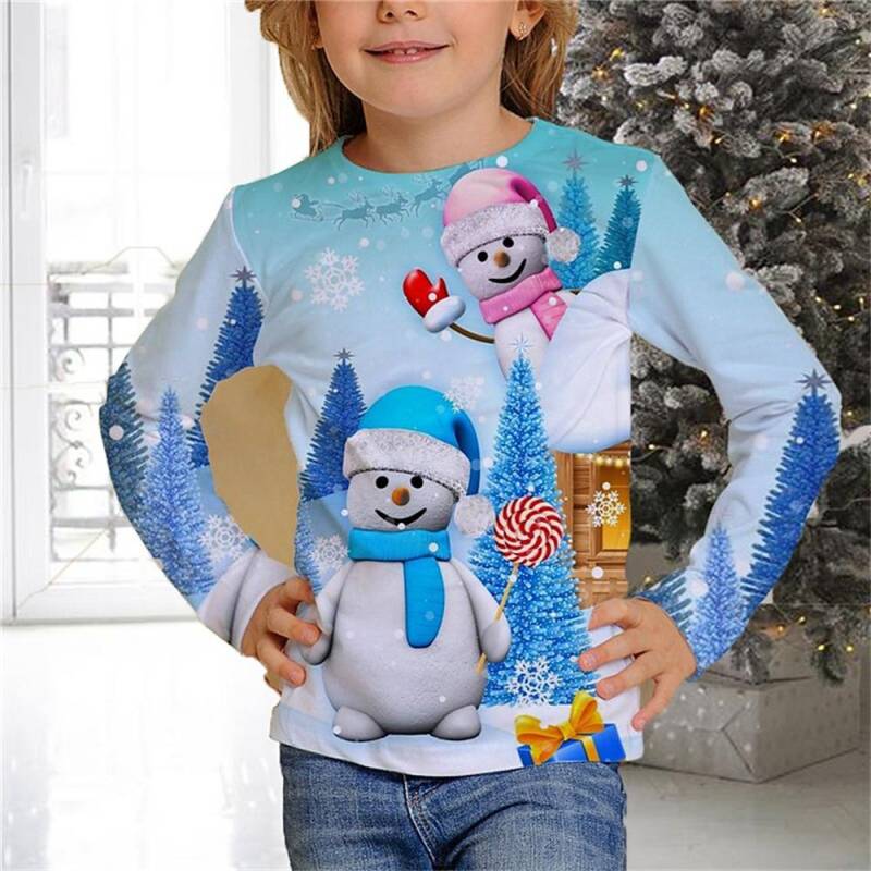 Kinder Weihnachten Schneemann 3D Digitaldruck Mädchen Modetrend Rundhals Langarm T-Shirt 140 blau von Joom DACH
